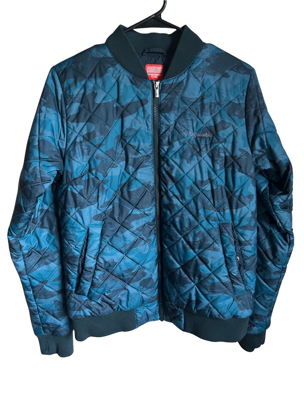 Columbia Women’s Teal Blue Camo Quilted Bomber Jacket Thermal Coil